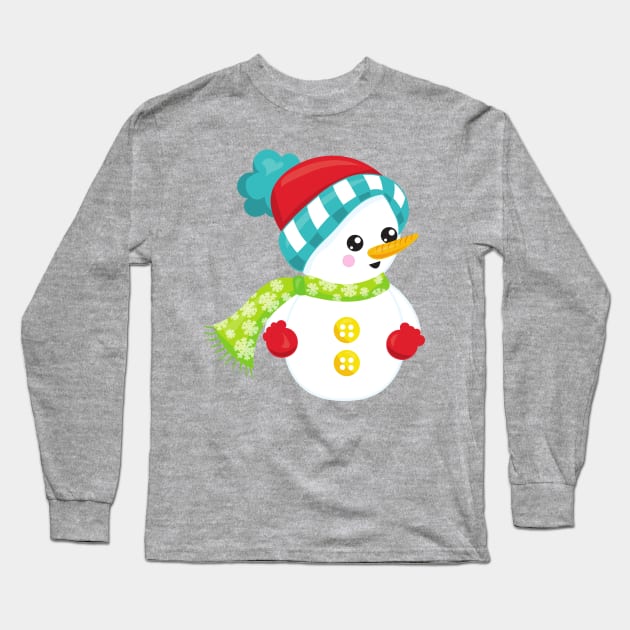 Christmas Snowman, Hat, Scarf, Gloves, Carrot Nose Long Sleeve T-Shirt by Jelena Dunčević